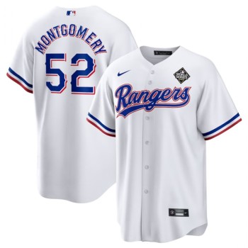Men's Texas Rangers #52 Jordan Montgomery White 2023 World Series Stitched Baseball Jersey Men's Texas Rangers #52 Jordan Montgomery White 2023 World Series Stitched Baseball Jersey