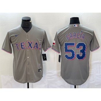 Men's Texas Rangers #53 Adolis Garcia Grey With Patch Cool Base Stitched Baseball Jersey Men's Texas Rangers #53 Adolis Garcia Grey With Patch Cool Base Stitched Baseball Jersey