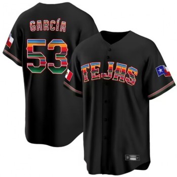 Men's Texas Rangers #53 Adolis Garcia Mexico Black Cool Base Stitched Baseball Jersey Men's Texas Rangers #53 Adolis Garcia Mexico Black Cool Base Stitched Baseball Jersey