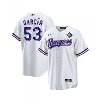 Men's Texas Rangers #53 Adolis Garcia White 2023 World Series Stitched Baseball Jersey Men's Texas Rangers #53 Adolis Garcia White 2023 World Series Stitched Baseball Jersey