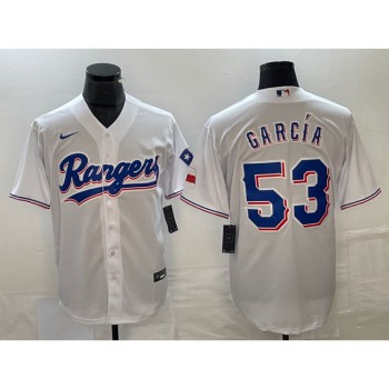 Men's Texas Rangers #53 Adolis Garcia White Cool Base Stitched Baseball Jersey Men's Texas Rangers #53 Adolis Garcia White Cool Base Stitched Baseball Jersey