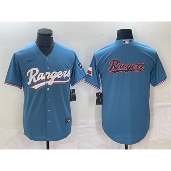Men's Texas Rangers Blue Team Big Logo With Patch Cool Base Stitched Baseball Jersey Men's Texas Rangers Blue Team Big Logo With Patch Cool Base Stitched Baseball Jersey