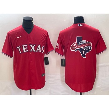 Men's Texas Rangers Red 2023 World Series Champions Big Logo With Patch Cool Base Stitched Baseball Jersey Men's Texas Rangers Red 2023 World Series Champions Big Logo With Patch Cool Base Stitched Baseball Jersey