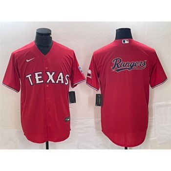Men's Texas Rangers Red Team Big Logo With Patch Cool Base Stitched Baseball Jersey Men's Texas Rangers Red Team Big Logo With Patch Cool Base Stitched Baseball Jersey
