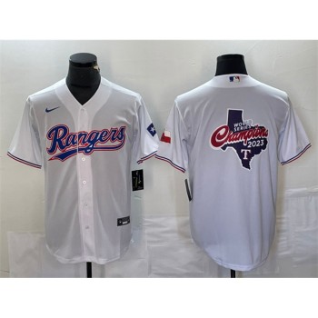 Men's Texas Rangers White 2023 World Series Champions Big Logo With Patch Cool Base Stitched Baseball Jersey Men's Texas Rangers White 2023 World Series Champions Big Logo With Patch Cool Base Stitched Baseball Jersey