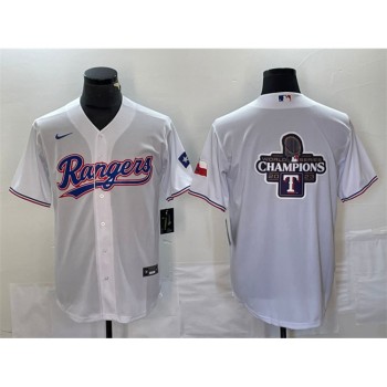 Men's Texas Rangers White 2023 World Series Champions Big Logo With Patch Cool Base Stitched Baseball Jersey Men's Texas Rangers White 2023 World Series Champions Big Logo With Patch Cool Base Stitched Baseball Jersey