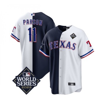 Men's Texas Rangers & Cowboys #11 Micah Parsons Navy/White Splite 2023 World Series Splite Stitched Baseball Jersey Men's Texas Rangers & Cowboys #11 Micah Parsons Navy/White Splite 2023 World Series Splite Stitched Baseball Jersey