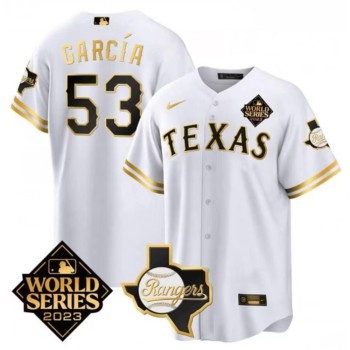 Men's Texas Rangers & Cowboys #53 Adolis Garcia White 2023 World Series Splite Stitched Baseball Jersey Men's Texas Rangers & Cowboys #53 Adolis Garcia White 2023 World Series Splite Stitched Baseball Jersey