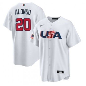 Men's USA Baseball #20 Pete Alonso 2023 White World Baseball Classic Replica Stitched Jersey Men's USA Baseball #20 Pete Alonso 2023 White World Baseball Classic Replica Stitched Jersey