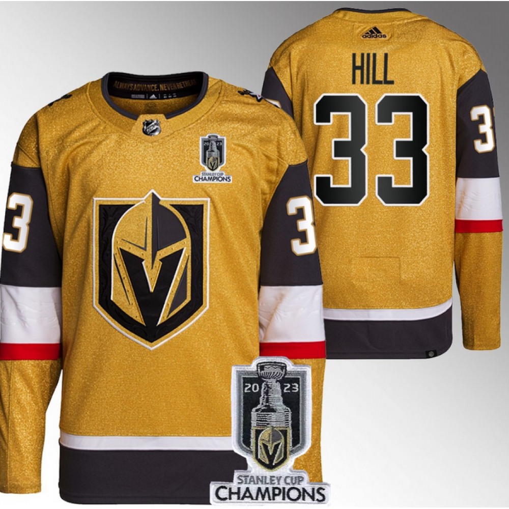 Men's Vegas Golden Knights #33 Adin Hill Gold 2023 Stanley Cup Champions Stitched Jersey