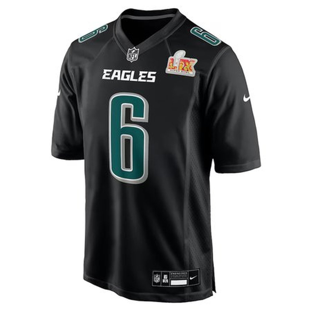 Men's Philadelphia Eagles #6 DeVonta Smith Carbon Black Super Bowl LIX Fashion Game Player Jersey Men's Philadelphia Eagles #6 DeVonta Smith Carbon Black Super Bowl LIX Fashion Game Player Jersey
