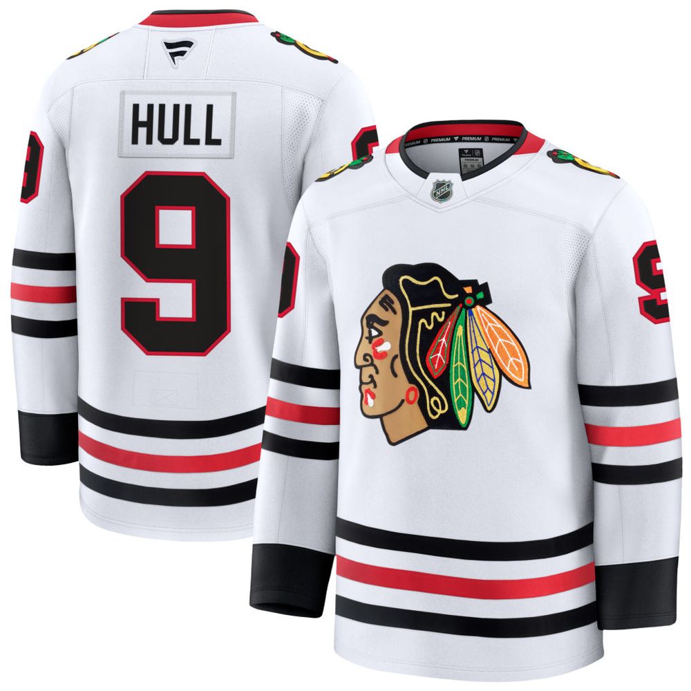 Men's Chicago Blackhawks #9 Bobby Hull White Away Premium Jersey Men's Chicago Blackhawks #9 Bobby Hull White Away Premium Jersey