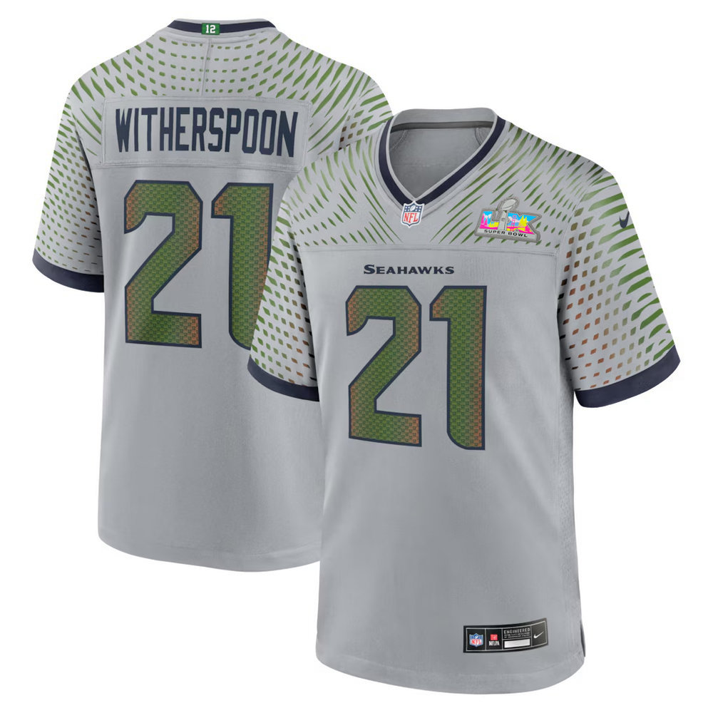 Men's Seattle Seahawks #21 Devon Witherspoon Gray Super Bowl LX Rivalries Collection Game Jersey Men's Seattle Seahawks #21 Devon Witherspoon Gray Super Bowl LX Rivalries Collection Game Jersey