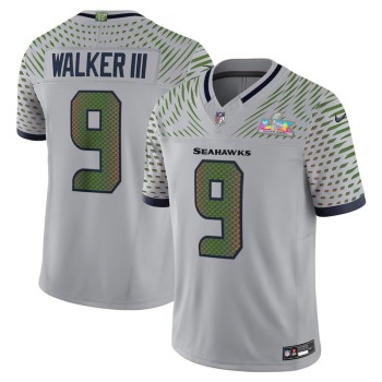 Men's Seattle Seahawks #9 Kenneth Walker III Gray Super Bowl LX Rivalries Collection Vapor F.U.S.E. Limited Stitched Jersey Men's Seattle Seahawks #9 Kenneth Walker III Gray Super Bowl LX Rivalries Collection Vapor F.U.S.E. Limited Stitched Jersey