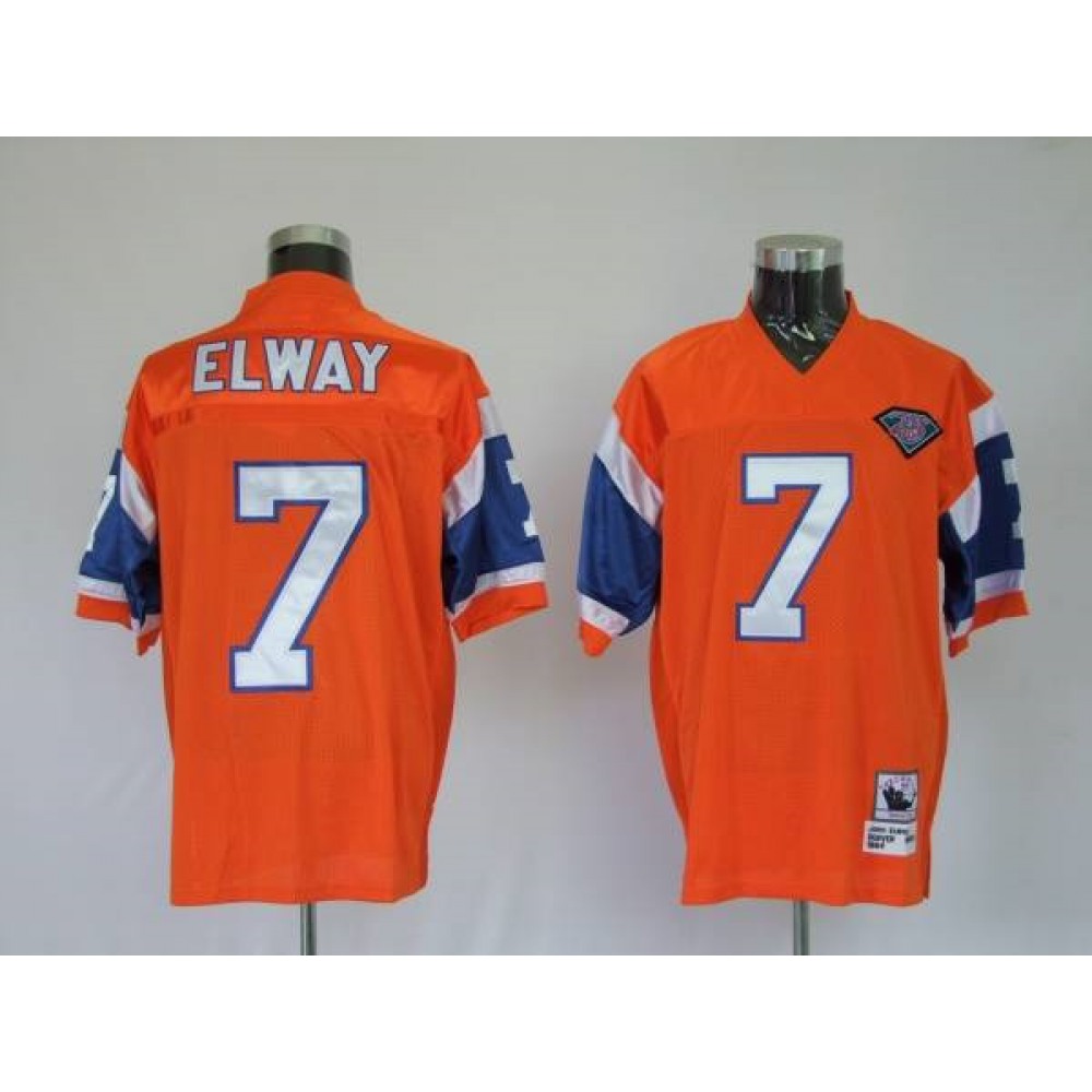 Mitchel & Ness Broncos #7 John Elway Orange With 75 Anniversary Patch Stitched Throwback NFL Jersey