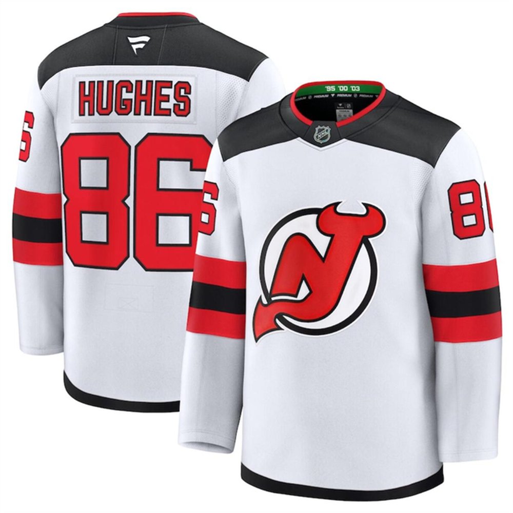 Men's New Jersey Devils #86 Jack Hughes White 2024-25 Away Stitched Hockey Premium Jersey