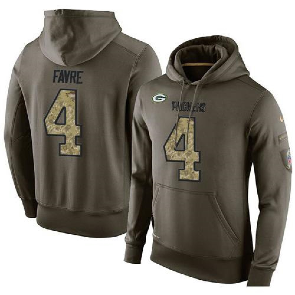 NFL Men's Green Bay Packers #4 Brett Favre Stitched Green Olive Salute To Service KO Performance Hoodie
