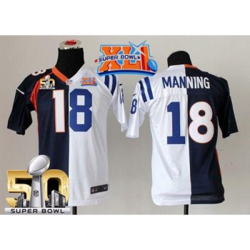 Broncos #18 Peyton Manning Blue/White Super Bowl XLI & Super Bowl 50 Youth Stitched NFL Elite Split Colts Jersey Broncos #18 Peyton Manning Blue/White Super Bowl XLI & Super Bowl 50 Youth Stitched NFL Elite Split Colts Jersey
