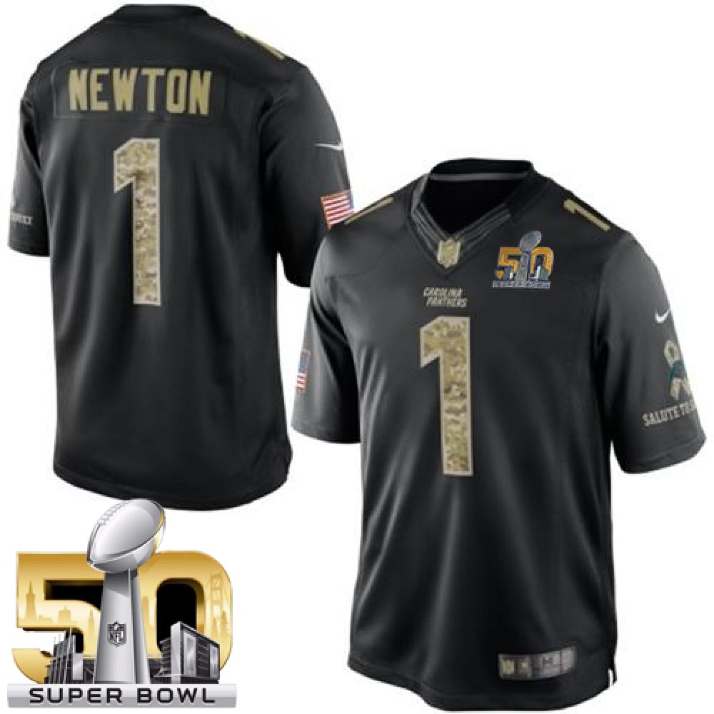 Panthers #1 Cam Newton Black Super Bowl 50 Men's Stitched NFL Limited Salute to Service Jersey