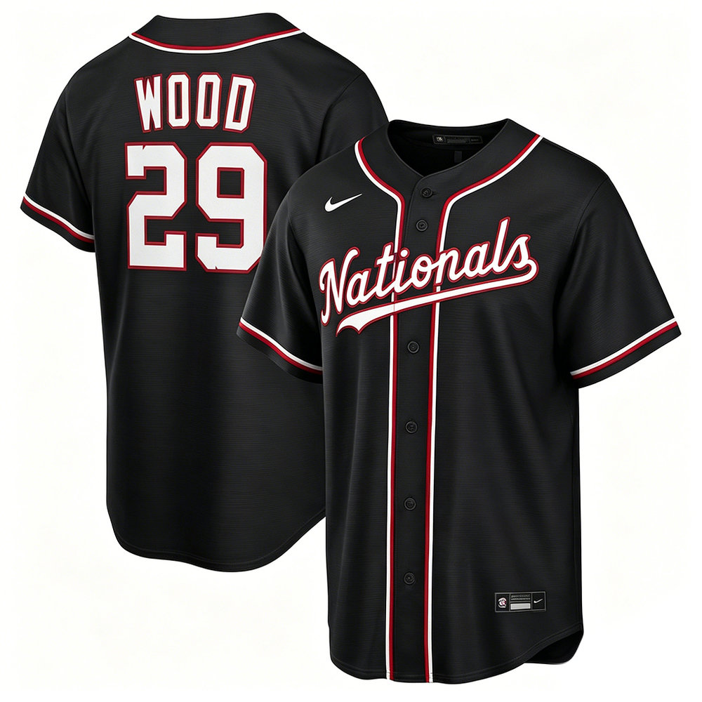 Youth Washington Nationals #29 James Wood Nike Black Fashion Replica Player Jersey
