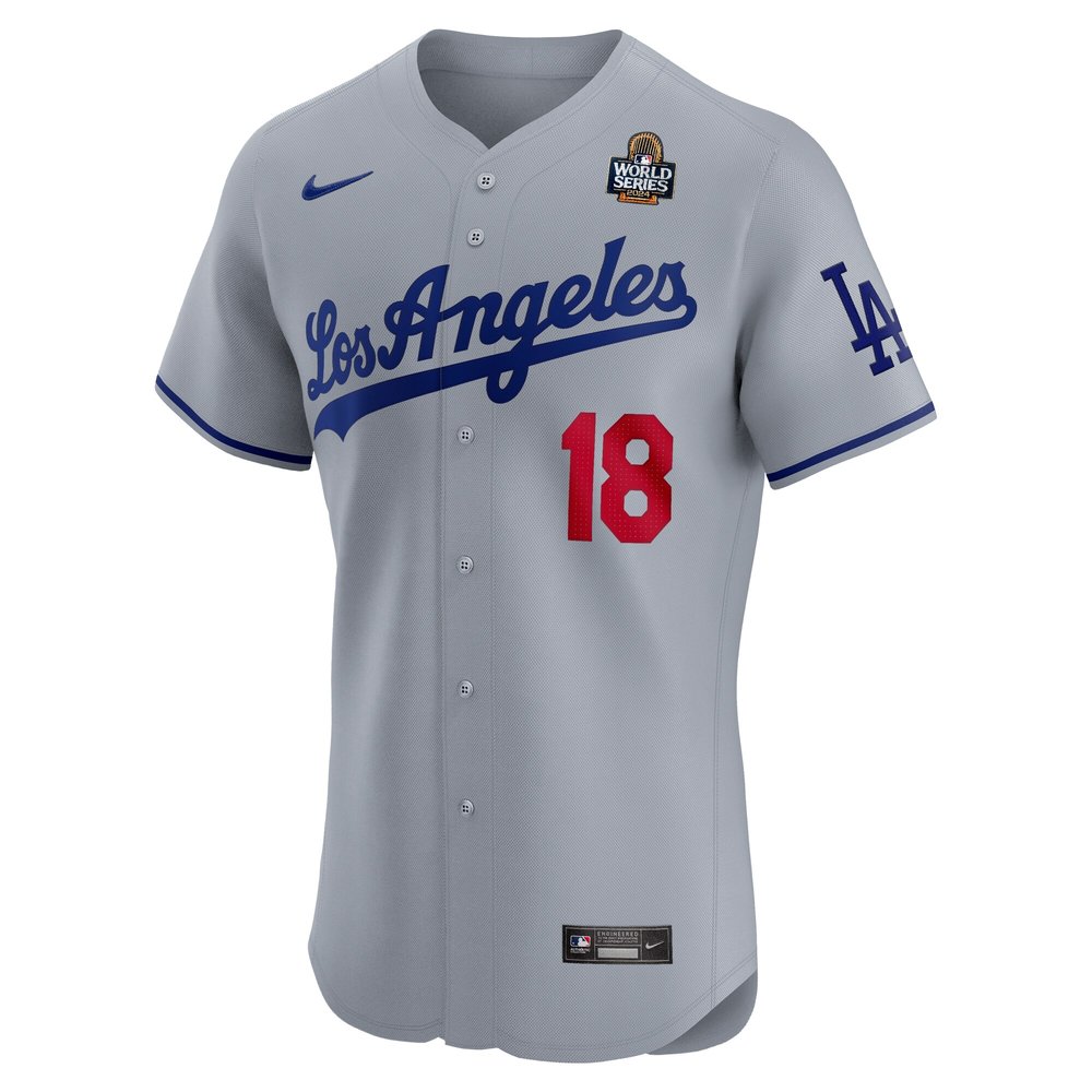 Men's Los Angeles Dodgers #18 Yoshinobu Yamamoto Gray 2024 World Series Road Elite Player Jersey Men's Los Angeles Dodgers #18 Yoshinobu Yamamoto Gray 2024 World Series Road Elite Player Jersey