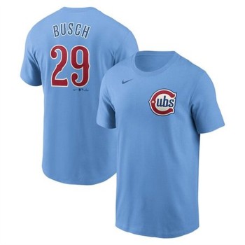 Men's Chicago Cubs #29 Michael Busch Baby Blue Fuse Name & Number T-Shirt Men's Chicago Cubs #29 Michael Busch Baby Blue Fuse Name & Number T-Shirt
