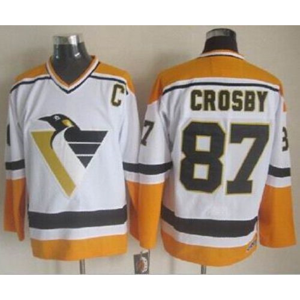 Penguins #87 Sidney Crosby White/Yellow CCM Throwback Stitched NHL Jersey