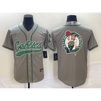 Men's Boston Celtics Gray Team Big Logo With Patch Stitched Baseball Jersey Men's Boston Celtics Gray Team Big Logo With Patch Stitched Baseball Jersey