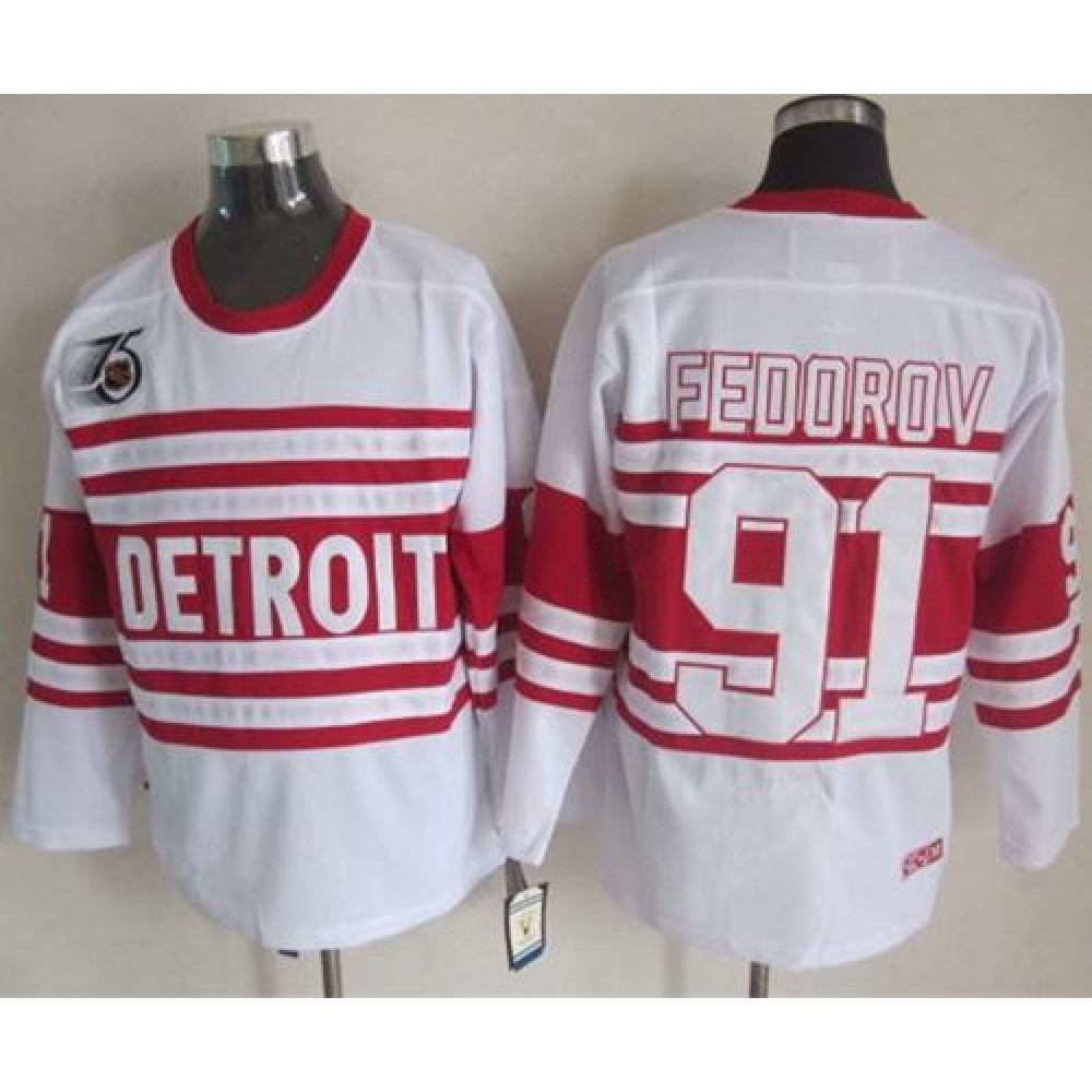 Red Wings #91 Sergei Fedorov White 75TH CCM Stitched NHL Jersey