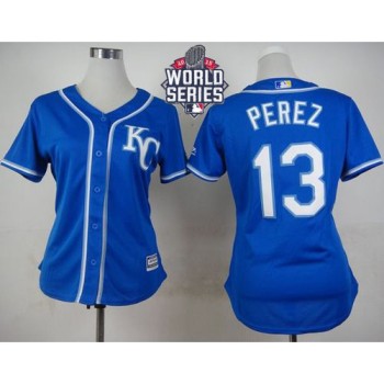 Royals #13 Salvador Perez Blue Alternate 2 W/2015 World Series Patch Women's Stitched MLB Jersey Royals #13 Salvador Perez Blue Alternate 2 W/2015 World Series Patch Women's Stitched MLB Jersey