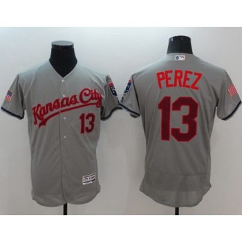 Royals #13 Salvador Perez Grey Fashion Stars & Stripes Flexbase Authentic Stitched MLB Jersey Royals #13 Salvador Perez Grey Fashion Stars & Stripes Flexbase Authentic Stitched MLB Jersey