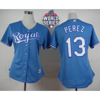 Royals #13 Salvador Perez Light Blue Alternate 1 W/2015 World Series Patch Women's Stitched MLB Jersey Royals #13 Salvador Perez Light Blue Alternate 1 W/2015 World Series Patch Women's Stitched MLB Jersey
