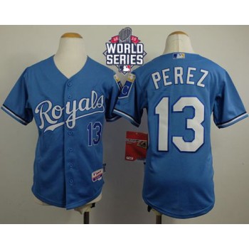 Royals #13 Salvador Perez Light Blue Cool Base Alternate 1 W/2015 World Series Patch Stitched Youth MLB Jersey Royals #13 Salvador Perez Light Blue Cool Base Alternate 1 W/2015 World Series Patch Stitched Youth MLB Jersey