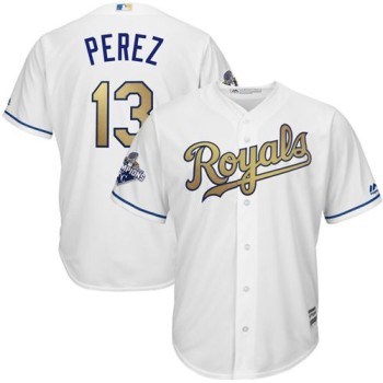 Royals #13 Salvador Perez White 2015 World Series Champions Gold Program Cool Base Stitched Youth MLB Jersey Royals #13 Salvador Perez White 2015 World Series Champions Gold Program Cool Base Stitched Youth MLB Jersey