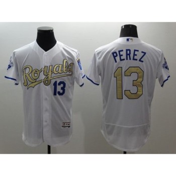 Royals #13 Salvador Perez White 2015 World Series Champions Gold Program FlexBase Authentic Stitched MLB Jersey Royals #13 Salvador Perez White 2015 World Series Champions Gold Program FlexBase Authentic Stitched MLB Jersey