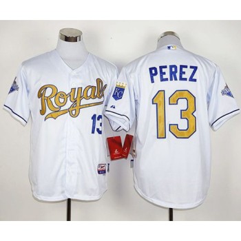 Royals #13 Salvador Perez White 2015 World Series Champions Gold Program Stitched MLB Jersey Royals #13 Salvador Perez White 2015 World Series Champions Gold Program Stitched MLB Jersey