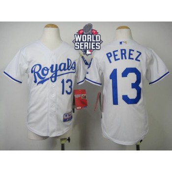 Royals #13 Salvador Perez White Cool Base W/2015 World Series Patch Stitched Youth MLB Jersey Royals #13 Salvador Perez White Cool Base W/2015 World Series Patch Stitched Youth MLB Jersey