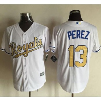 Royals #13 Salvador Perez White New Cool Base 2015 World Series Champions Gold Program Stitched MLB Jersey Royals #13 Salvador Perez White New Cool Base 2015 World Series Champions Gold Program Stitched MLB Jersey