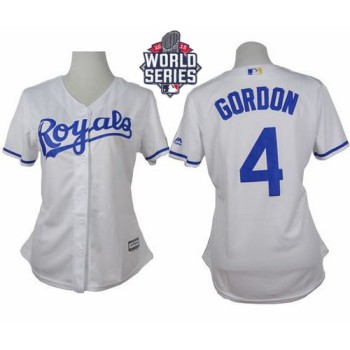 Royals #4 Alex Gordon White Home W/2015 World Series Patch Women's Stitched MLB Jersey Royals #4 Alex Gordon White Home W/2015 World Series Patch Women's Stitched MLB Jersey