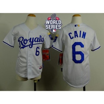 Royals #6 Lorenzo Cain White Cool Base W/2015 World Series Patch Stitched Youth MLB Jersey Royals #6 Lorenzo Cain White Cool Base W/2015 World Series Patch Stitched Youth MLB Jersey