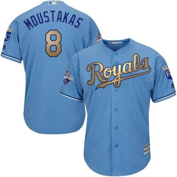 Royals #8 Mike Moustakas Light Blue 2015 World Series Champions Gold Program Cool Base Stitched Youth MLB Jersey Royals #8 Mike Moustakas Light Blue 2015 World Series Champions Gold Program Cool Base Stitched Youth MLB Jersey