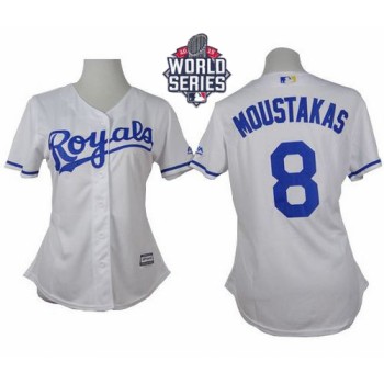 Royals #8 Mike Moustakas White Home W/2015 World Series Patch Women's Stitched MLB Jersey Royals #8 Mike Moustakas White Home W/2015 World Series Patch Women's Stitched MLB Jersey