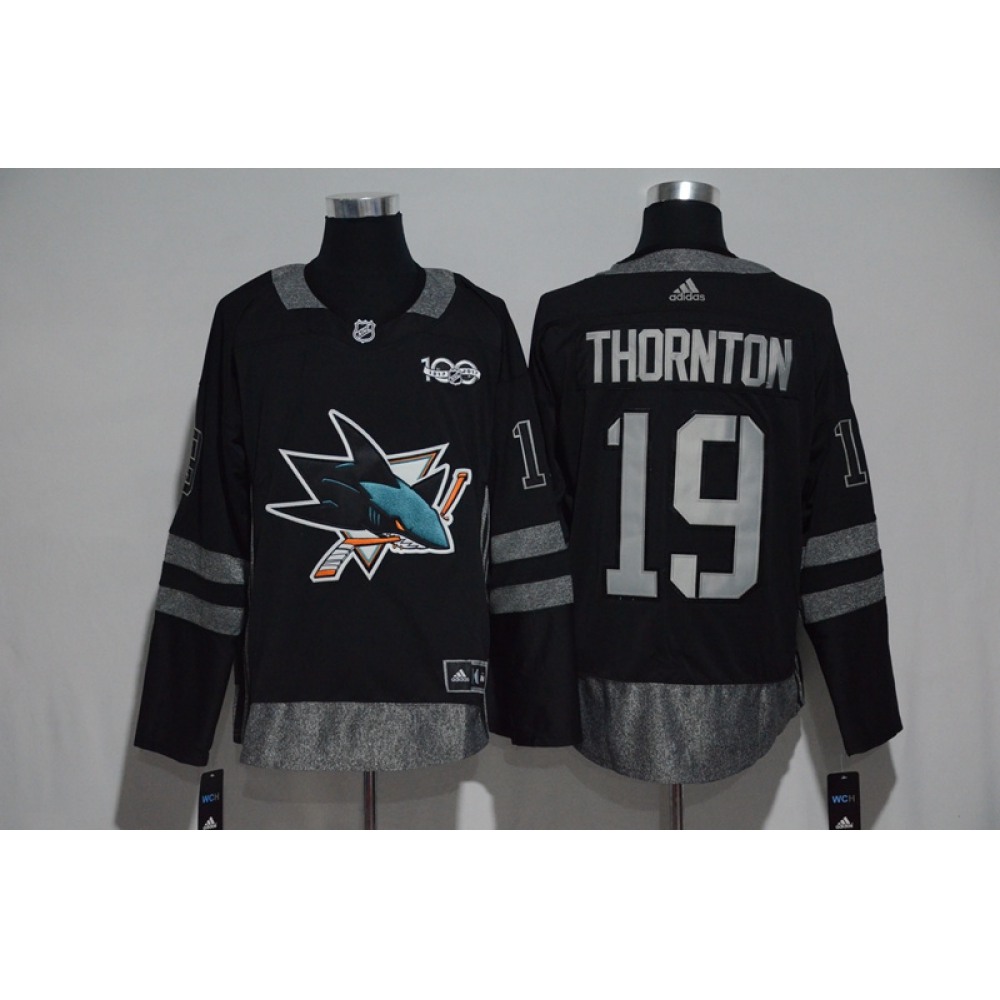 San Jose Sharks #19 Joe Thornton Black Men's 1917-2017 100th Anniversary Stitched NHL Jersey