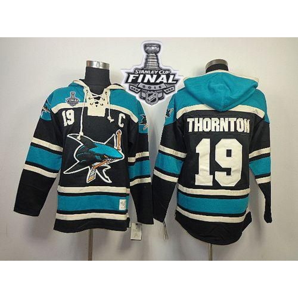 Sharks #19 Joe Thornton Black Sawyer Hooded Sweatshirt 2016 Stanley Cup Final Patch Stitched NHL Jersey
