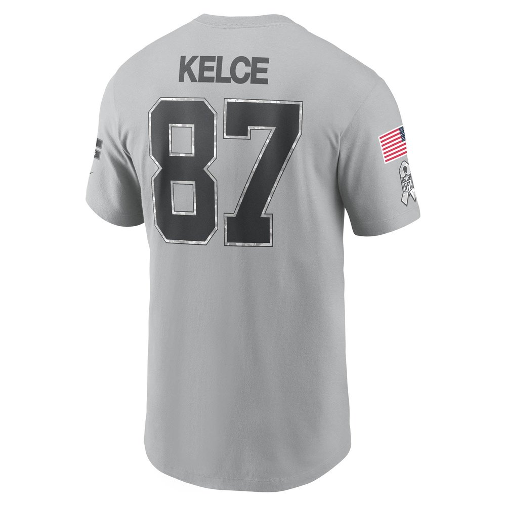 Men's Kansas City Chiefs #87 Travis Kelce Gray 2024 Salute To Service Name & Number T-Shirt