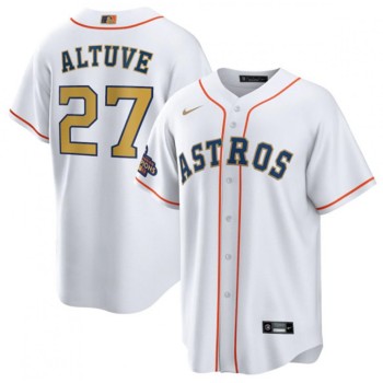 Toddler Houston Astros #27 Jose Altuve White 2023 Gold Collection With World Serise Champions Patch Cool Base Stitched Baseball Jersey Toddler Houston Astros #27 Jose Altuve White 2023 Gold Collection With World Serise Champions Patch Cool Base Stitched Baseball Jersey