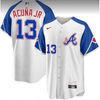 Toddlers Atlanta Braves #13 Ronald Acuna Jr. White 2023 City Connect Cool Base With Patch Stitched Baseball Jersey Toddlers Atlanta Braves #13 Ronald Acuna Jr. White 2023 City Connect Cool Base With Patch Stitched Baseball Jersey