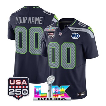 Men's Seattle Seahawks Custom Navy Super Bowl LX Patch 50th Season & USA 250' Patch Vapor F.U.S.E. Limited Jersey Men's Seattle Seahawks Custom Navy Super Bowl LX Patch 50th Season & USA 250' Patch Vapor F.U.S.E. Limited Jersey