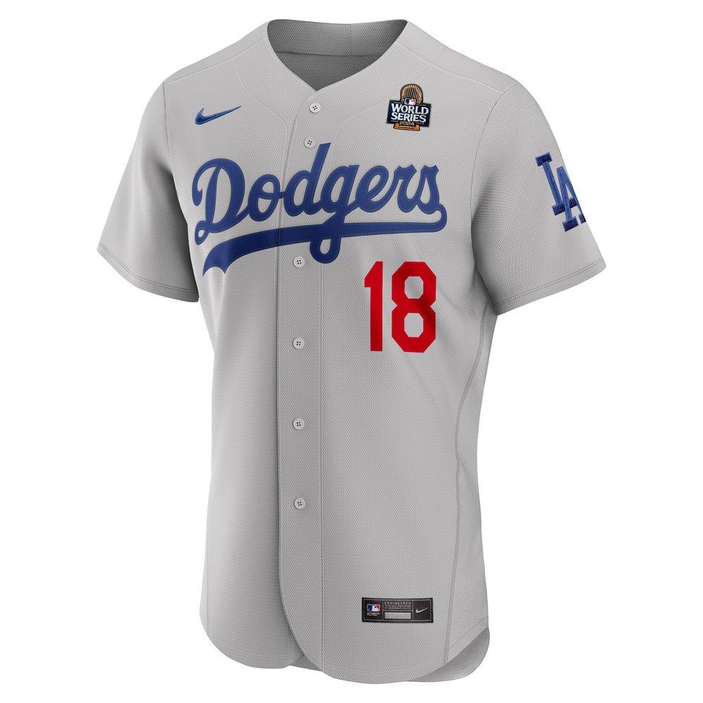 Men's Los Angeles Dodgers #18 Yoshinobu Yamamoto Gray 2024 World Series Alternate Authentic Player Jersey Men's Los Angeles Dodgers #18 Yoshinobu Yamamoto Gray 2024 World Series Alternate Authentic Player Jersey