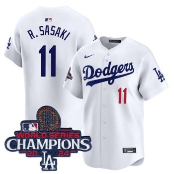 Men's Los Angeles Dodgers #11 Roki Sasaki White 2024 World Series Champions Home Limited Stitched Baseball Jersey Men's Los Angeles Dodgers #11 Roki Sasaki White 2024 World Series Champions Home Limited Stitched Baseball Jersey